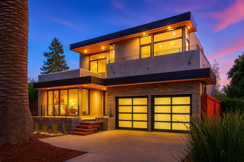 A two-storey, flat-roofed family home with stone cladding and large glazed areas