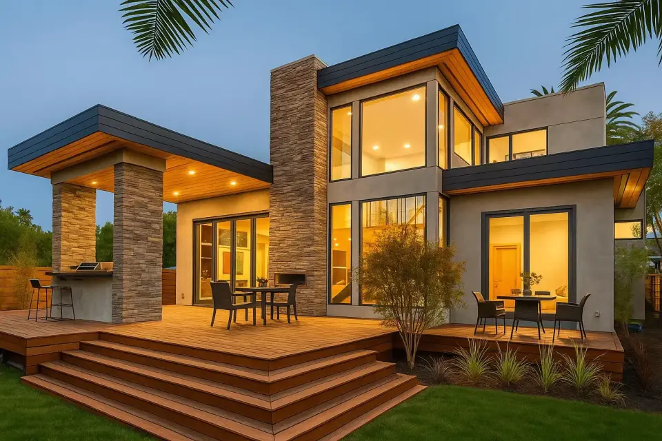 A modern two-storey family home lit up in the evening